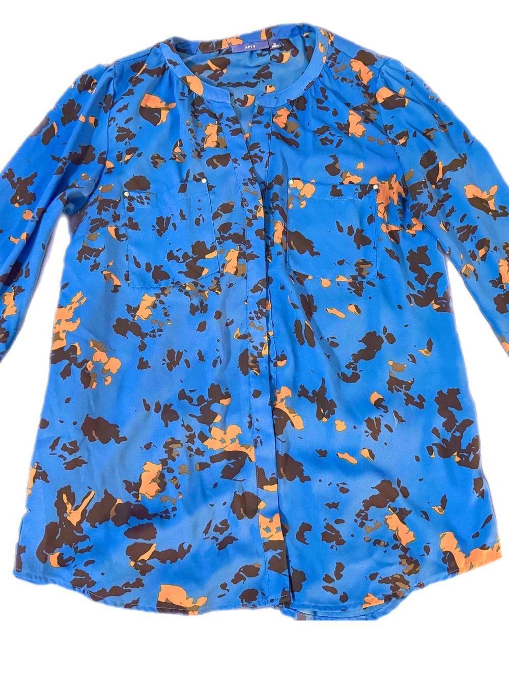 Apt. 9 Cobalt Blue Long-Sleeve Blouse with Orange & Black Print